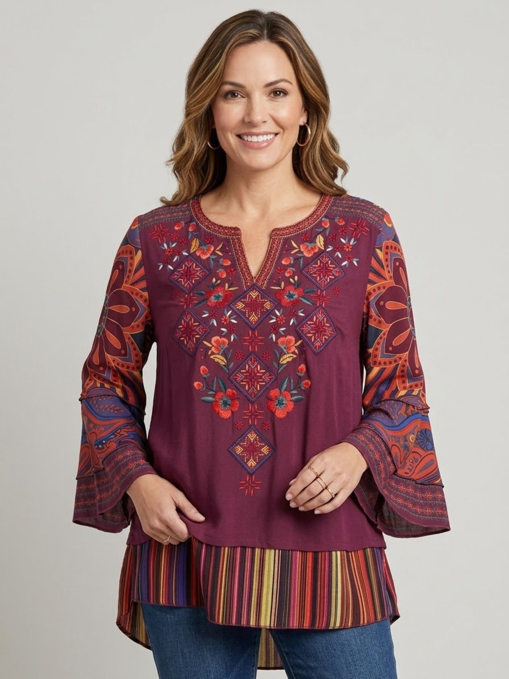 John Mark Medium Floral Embroidered Boho Paisley Bell Sleeve Tunic Top Burgundy